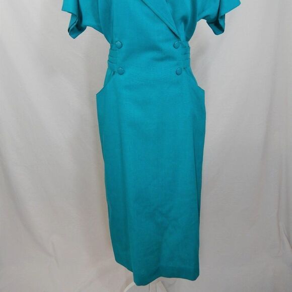 Vintage 80s Teal Dress Secretary Retro Linen Double Breasted Sheath Knee Length - Picture 5 of 13